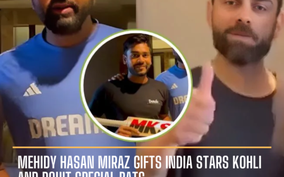 Virat Kohli, receiving the gift, flaunts his Bengali language skills. Rohit Sharma, too, wishes the best for the Bangladeshi cricketer’s new bat company.