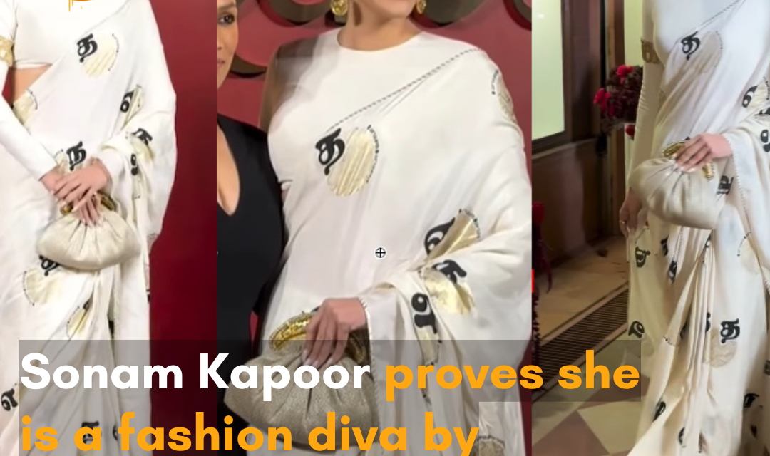 The actress stunned in a backless blouse and Tamil script saree at Masaba Gupta’s store launch.
