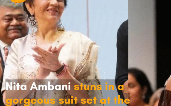 Nita Ambani turned heads in a stunning traditional suit paired with huge sparkling diamond earrings.