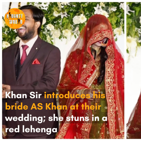 At their wedding reception in Patna, AS Khan’s bridal attire featured an embellished red lehenga.