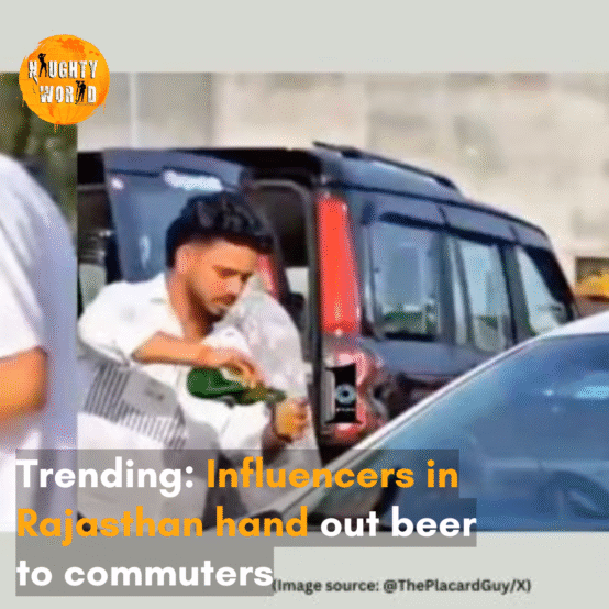 A viral video shows Rajasthan influencers handing out beer bottles to commuters on a busy street in Jaipur, sparking an internet reaction.