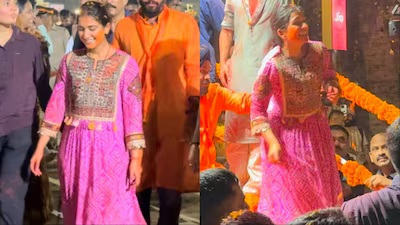 Radhika Merchant, during GanpatiVisarjan stunned in a simple Bandhani suit