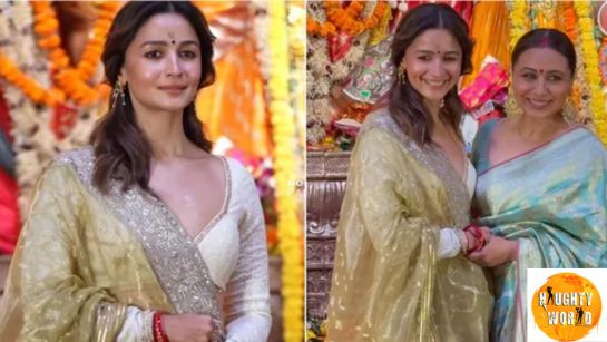 Alia Bhatt shone bright in a beautiful olive saree at Mumbai’s Durga Puja pandal