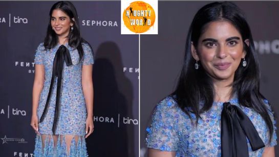 IshaAmbani sparkles in a baby blue Dior gown and diamond earrings at the Fenty Beauty event