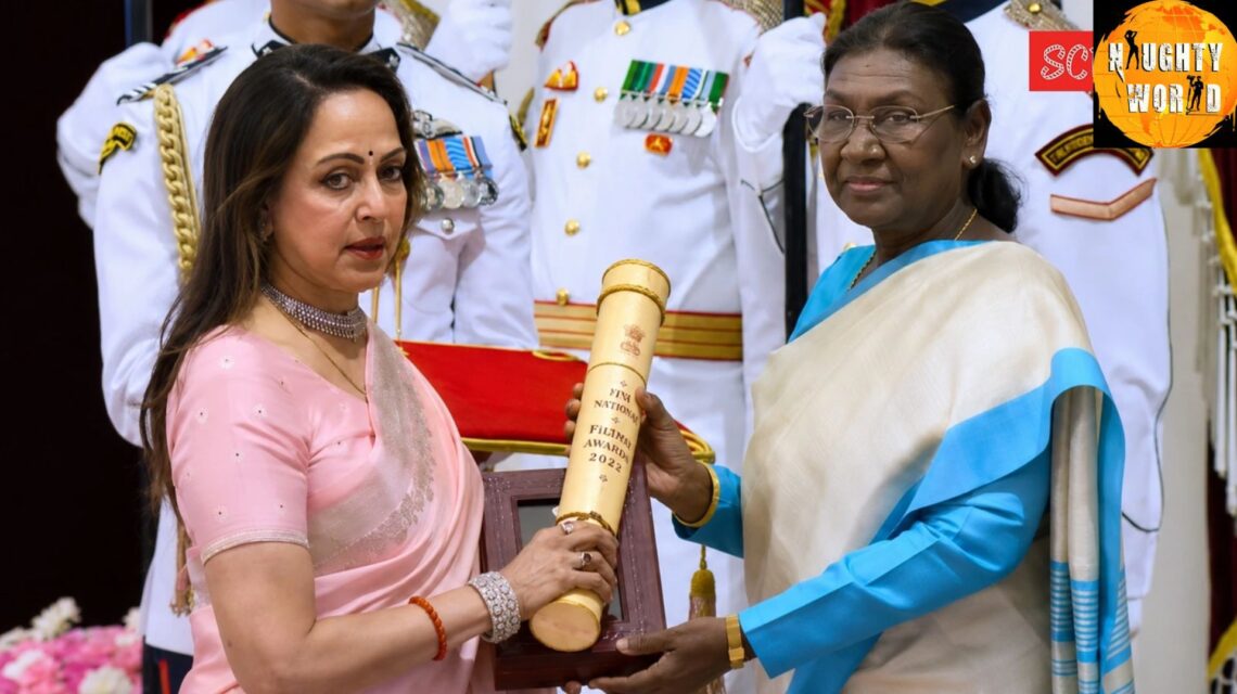 HemaMalini stuns in a blush pink saree for receiving Dharmendra’s Padma Vibhushan