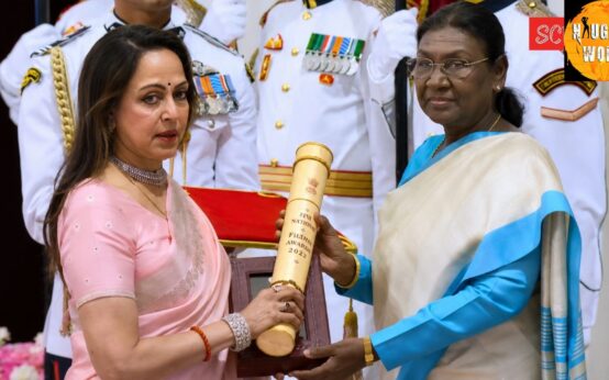 HemaMalini stuns in a blush pink saree for receiving Dharmendra’s Padma Vibhushan